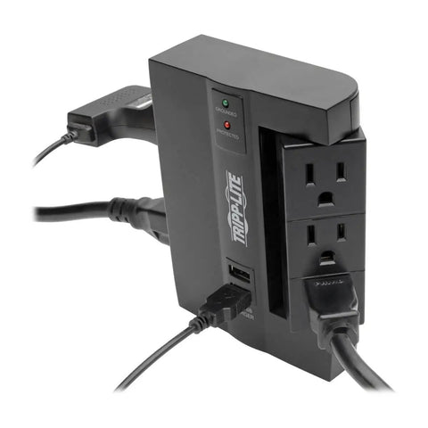 Six Outlet Surge Protector Power Strip With Three Rotatable Outlets Wall Tap Direct Plug In 1200 Joules Two USB Charging Ports Limited Warranty And Twenty Thousand Dollar Insurance Black, showing side view with plugged cables.