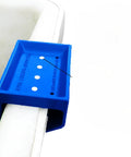 Blue Hard Hat Lineman Bucket Tray With Slick Patented Ramp And Magnetic Holder For Bucket Truck Lip Mount, close-up view.