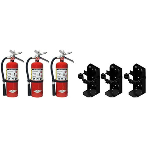 Pack Of 3 5 LB ABC Dry Chemical Fire Extinguishers With Heavy Duty Vehicle Brackets, red extinguishers and black brackets for safe mounting.
