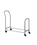 Heavy Duty Rolling Tire Storage Rack Holds Four Wheel Rims Sturdy Cold Rolled Steel Mobile Garage Organizer Cart For Real Deal Automotive Workspace Layout showing a silver rolling tire storage rack with four wheels.