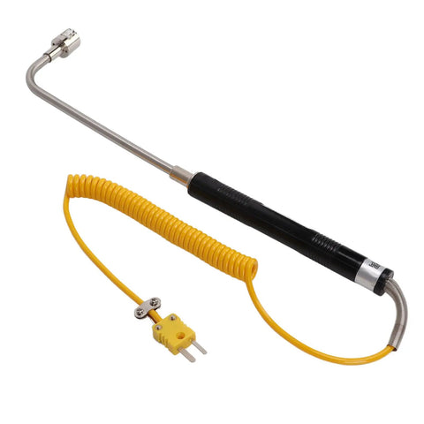 Type K Thermocouple Temperature Probe With Insulated Handle Curved Shank Sensor for gas and liquid detection, shown coiled.
