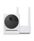Battery Powered Wire Free Outdoor Security Camera Kit With Base Station 1080P Picture Night Vision Two Way Audio Works With Alexa And Google Assistant Easy DIY Install White With Camo Skin featuring front view.