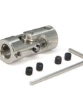 Rotatable Universal Joint Shaft Coupling Connector 8mm to 8mm with screws and wrench, steel, 14mm diameter, for RC cars and machinery.