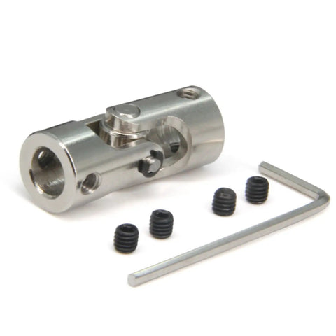 Rotatable Universal Joint Shaft Coupling Connector 8mm to 8mm with screws and wrench, steel, 14mm diameter, for RC cars and machinery.