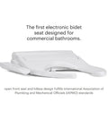 Knockout Comfort And Built Like A Tank Commercial Bidet Toilet Seat With Heated Cushion And Warm Air Dryer Featuring Open Front Lidless Design Side Control Arm And Self Cleaning Stainless Steel Nozzle For Hotels And Offices In White, showing an open front lidless design.