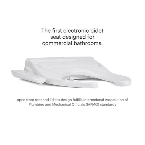 Knockout Comfort And Built Like A Tank Commercial Bidet Toilet Seat With Heated Cushion And Warm Air Dryer Featuring Open Front Lidless Design Side Control Arm And Self Cleaning Stainless Steel Nozzle For Hotels And Offices In White, showing an open front lidless design.