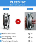Comparison of stainless steel garbage disposal flange kit with 3 bolt mount and splash guard vs another product side view.