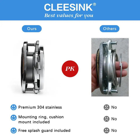 Comparison of stainless steel garbage disposal flange kit with 3 bolt mount and splash guard vs another product side view.