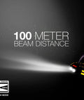 Rugged Hard Hat LED Headlamp With Batteries, Water Resistant Work Light showing 100 meter beam distance in high mode