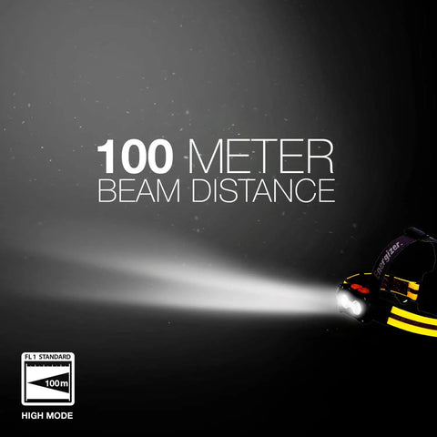 Rugged Hard Hat LED Headlamp With Batteries, Water Resistant Work Light showing 100 meter beam distance in high mode