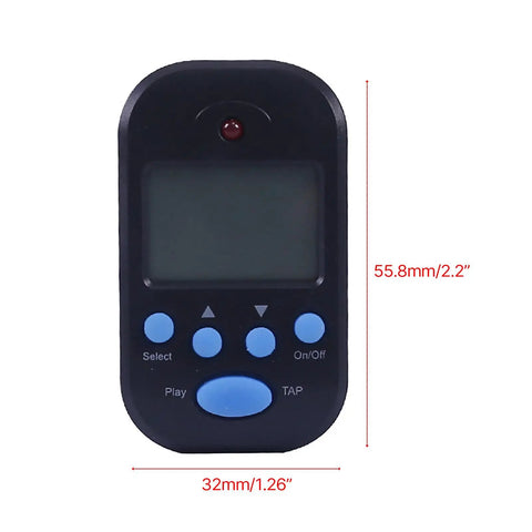 Rechargeable LCD Metronome For Musicians With 10 Beat Sounds Portable Clip On Tempo Meter For Piano Guitar Violin Flute Drum And More Adjustable Volume Rhythm Training On The Go, front view showing buttons and size dimensions