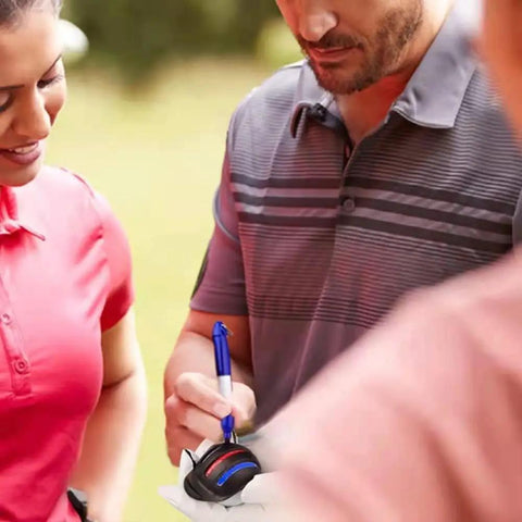 Golfers using Eight Pack Golf Ball Marker Kit With Line Stencils And Color Markers for quick on green alignment at practice round.