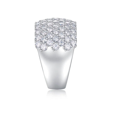 Dreamy Platinum Plated Moissanite Grid Engagement Ring For Her Wide Sterling Silver Bridal Wedding Band With Lab Created Round Stones D Color VVS1 Clarity Statement Ring Offering Diamond Level Fire And Flair, showcasing round cut stones.