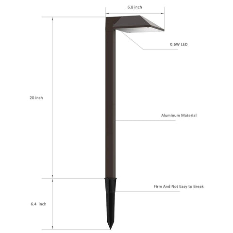 LED Path Light 0.6W Low Voltage Landscape Lighting For Outdoor Pathways Charcoal Brown With Warm White Light Easy Install Requires Low Voltage Transformer For Peak Performance, dimensions annotated, brown aluminum material.