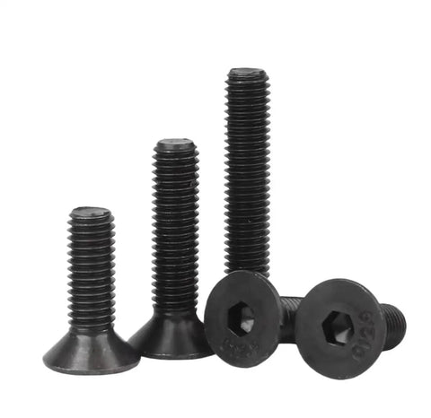 100 Pack Black Oxide 12.9 Grade Hex Socket Countersunk Head Screws M10 X 45 Millimeter Full Thread Heavy Duty Fasteners showing various lengths.