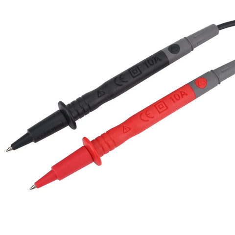 Close-up of multimeter test probes for Go To Digital Multimeter Tester AN8009 With Bag And Backlit LCD Display Dope Features Include Ammeter Voltmeter Ohm Meter 16 In 1 Multifunction Test Line Auto Range Inductive Measurement Accurate Readings For DIY And Pro Projects