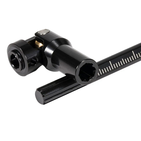 Stainless Steel Front And Rear Driveshafts For 1/10 Scale RC Crawlers, 68 To 229mm Adjustable, Cut To Length, Two Piece Set, Heavy Duty Shaft Kit For Capra GSPEED Element LCG Rigs And DIY Scalers. Black adjustable RC driveshaft with U-joint and measuring marks