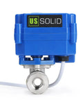 Front view of Motorized Ball Valve Quarter Inch Full Port NSF Certified 304 Stainless Steel Drinking Water Safe Auto Return With 9 To 24 Volt AC DC