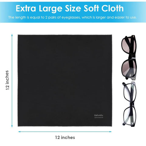 Front view of Wsivoiv 6-pack large microfiber eyeglass cleaning cloths, 12x12 inches, black beside several glasses