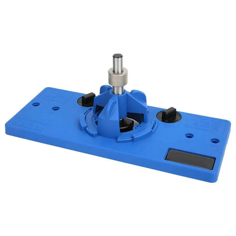 Front view of blue plastic hinge boring jig with 35mm hole opener, drill guide, bracket, positioning rod, and wrench.