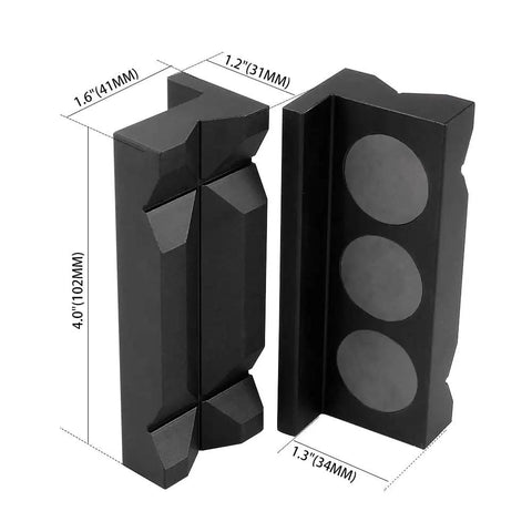 Top Shelf 4 Inch Aluminum Vise Jaw Pads Featuring Hella Strong Magnets And Reversible Design, black aluminum pads, precise dimensions.