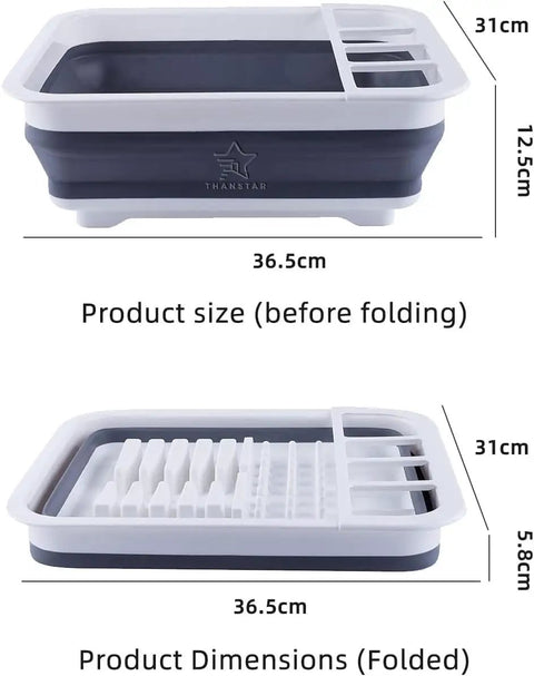 Collapsible Dish Drainer Portable Dinnerware Drainer Organizer for Kitchen RV Campers Travel Trailer with Built In Utensil Drying Rack and Space Saver Food Grade BPA Free PP TPR Tray, showing dimensions before and after folding