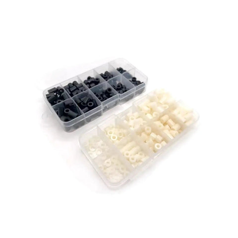 Value Packed Nylon Spacers Set 200 Pcs Non Threaded Plastic Hollow Washers In Black And White M3 And M4 Sizes 7mm Outer Diameter 2-10mm Thick And 2-10mm Length 10 Sizes In Sturdy Box Kit, open box with black and white spacers