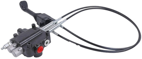Solarhome hydraulic control valve kit, front-left view, with two-spool valve and two remote joystick cables