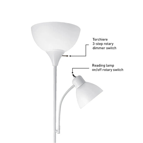 72 Inch Torchiere Floor Lamp With Adjustable Reading Arm Frosted Shades Matte Black Frame Rotary Switch E26 Base