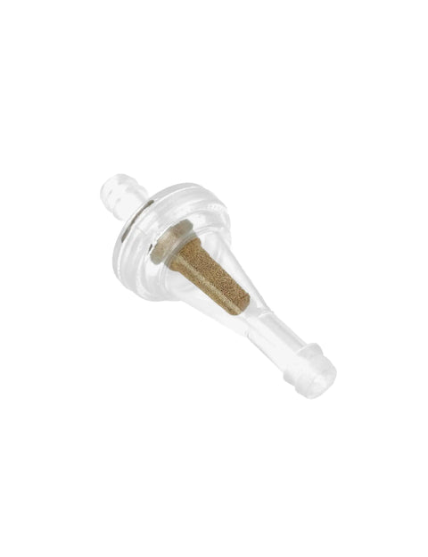 Clear nylon and copper inline fuel filter for 1/4 inch line, visible copper filter element, for dirt bikes, ATVs, motorcycles, and more