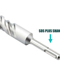 Close-up of a 1-inch SDS Plus rotary hammer drill bit with shank for concrete.