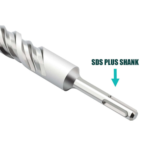 Close-up of a 1-inch SDS Plus rotary hammer drill bit with shank for concrete.