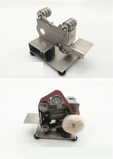 Mini Electric Belt Grinder Machine Sharpener And Polisher Tool Ideal For Metalworking Projects compact metal design view from above and side