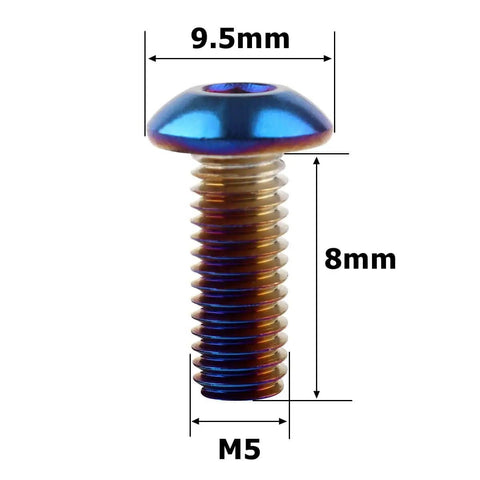 10 Pack M5x8mm Button Head Allen Bolts For Bikes Burnt Blue Titanium Finish Stainless Steel 304, showing dimensions 9.5mm x 8mm