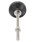 Close-up of adjustable M8 leveling foot with nonslip round base for machinery and office furniture, heavy duty stabilizer, black