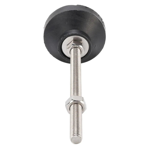Close-up of adjustable M8 leveling foot with nonslip round base for machinery and office furniture, heavy duty stabilizer, black