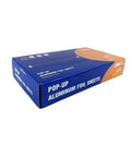 Blue box of Pre Cut Aluminum Foil Sheets 9 by 10.75 Inch Pop Up Deli Foil Wraps 200 Sheets For Sandwiches And Food Prep Easy Peel Mess Free Dispenser