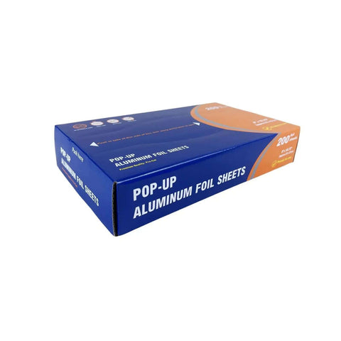 Blue box of Pre Cut Aluminum Foil Sheets 9 by 10.75 Inch Pop Up Deli Foil Wraps 200 Sheets For Sandwiches And Food Prep Easy Peel Mess Free Dispenser