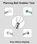 6 Piece Piercing Ball Grabber Kit Pro Grade Stainless Steel Piercing Tools with gripper holding various jewelry pieces.