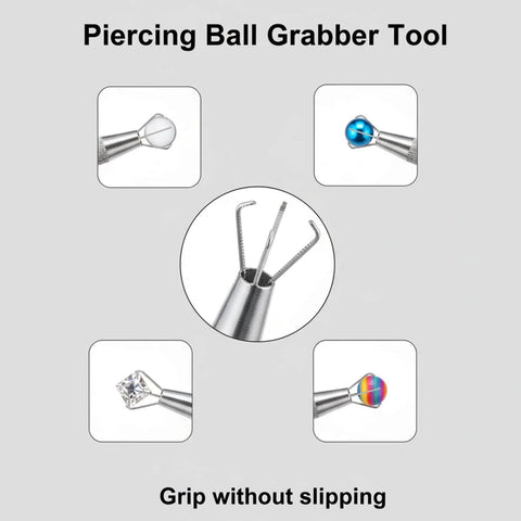 6 Piece Piercing Ball Grabber Kit Pro Grade Stainless Steel Piercing Tools with gripper holding various jewelry pieces.
