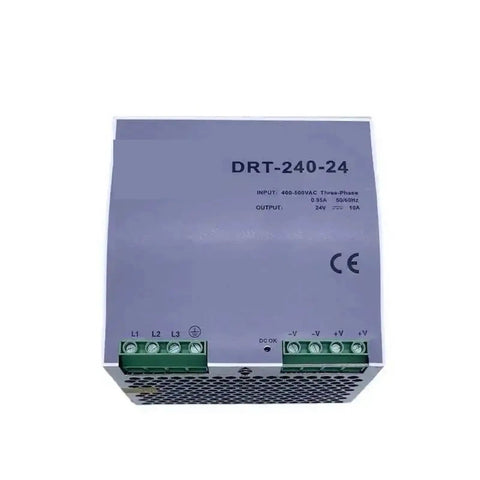 240W DIN Rail Power Supply 24V 10A Or 12V 20A Industrial SMPS Transformer With Precise Voltage Regulation For Beefy Rock Solid Control Panels Space Saving Compact Unit Rugged DIN Rail Mount Low Ripple Output front view, metal housing with terminal blocks
