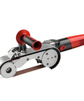 Heavy Duty 1100 Watt Pipe Belt Sander Built For Gritty Metal Pipe Grinding And Steel Polish Jobs With Six Adjustable Speeds For Crisp Clean Finishes Fast - close-up view of tool with ergonomic handle and grinding belt.