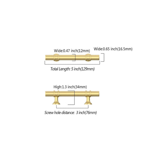 Diagram of 10 Pack 3 Inch 76mm Brushed Gold Cabinet Handles Set For Kitchen Cabinets Cupboards And Drawers with size details.