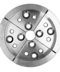 Built Tough Stainless Steel Wood Turning Lathe Chuck Featuring Killer Grip And Sweet Precision Clamping Jaws For Stress Free Woodworking And Quick Machine Tool Swaps Silver, top view of clamping jaws and holes.