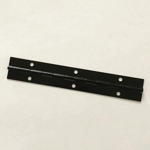 Close-up of 6 Inch heavy duty metal piano hinge with pre-drilled holes for cabinet doors and toolbox hardware.