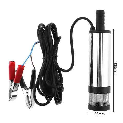 Heavy Duty 12V Submersible Electric Pump For Diesel Fuel Water Oil Transfer 38Mm Compact Aluminum Build with alligator leads and wire.