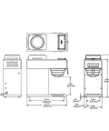 Diagram of Portable Pourover Coffee Brewer with no plumbing, two controlled warmers, stainless steel, and SplashGard funnel dimensions.