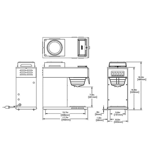 Diagram of Portable Pourover Coffee Brewer with no plumbing, two controlled warmers, stainless steel, and SplashGard funnel dimensions.