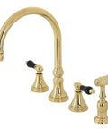 Duchess Widespread Kitchen Faucet Sprayer in Polished Brass, deck mount, with black ADA lever handles and side sprayer