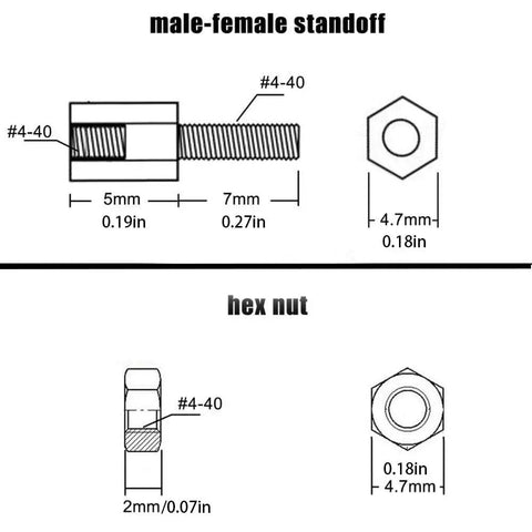 Detailed dimensions of Premium Brass Male Female Hex Standoff Spacers For Motherboard Hardware and Circuit Board Mounting.